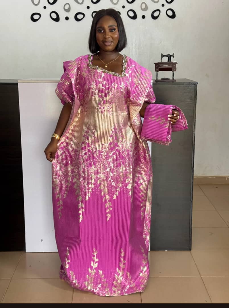 Elegant Brocade Boubou Gown – Pink & Gold Elegance