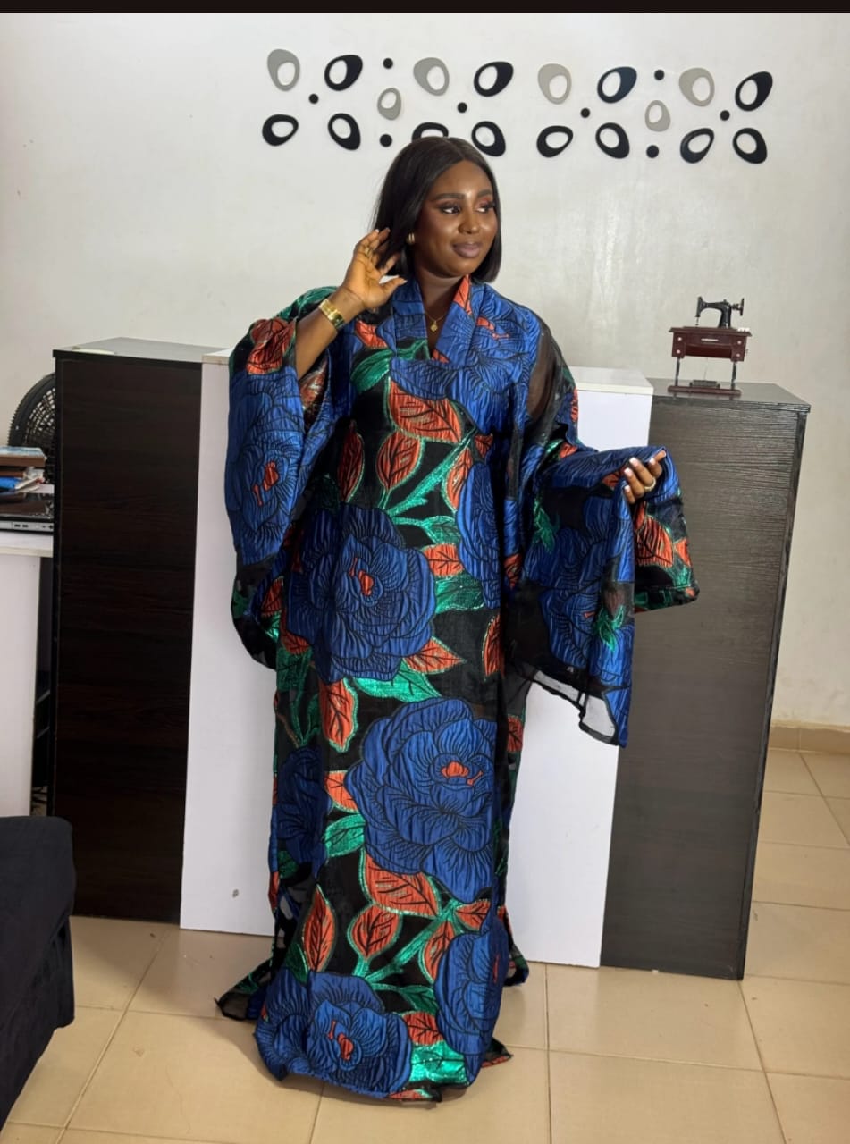 Floral African Boubou Gown: Sheer Overlay Ruffle Dress & Hwadwrap