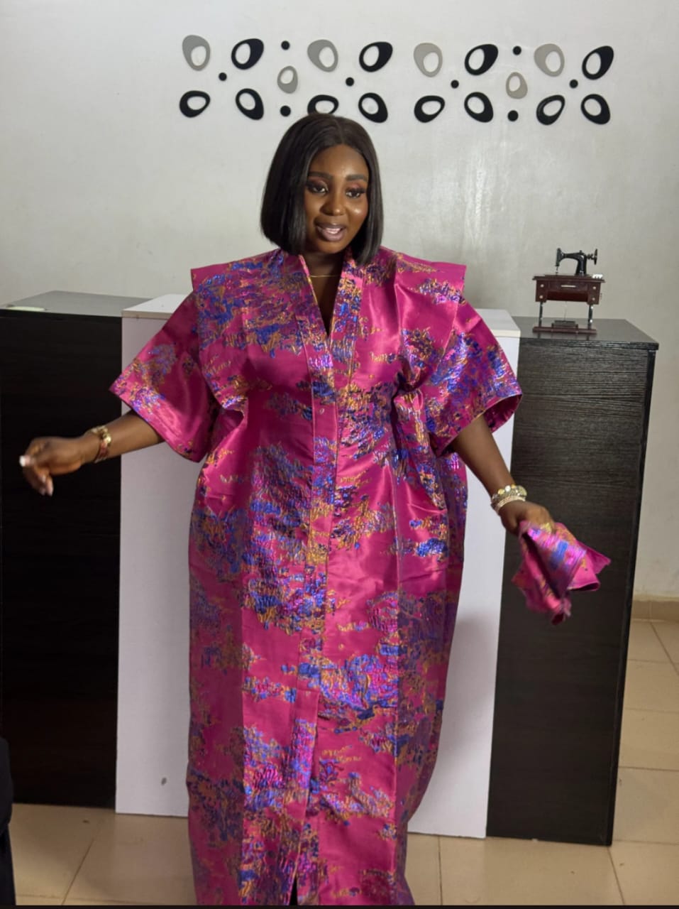 Luxury Brocade Fabric – Fuchsia Pink with Multicolor Detailing & Headwrap
