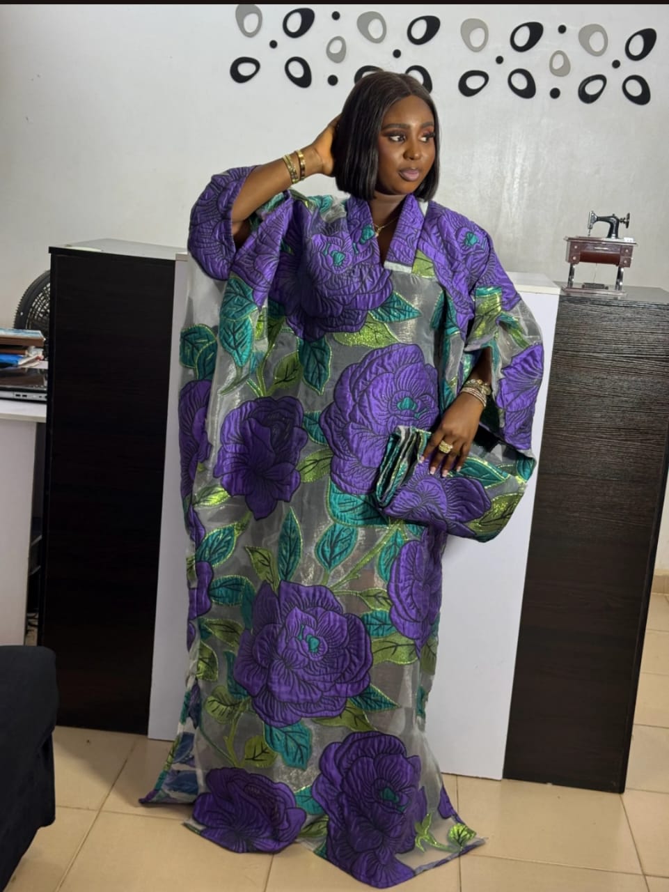 Purple Floral African Kaftan Dress – Elegant Boubou Maxi Gown for Women & Headwrap