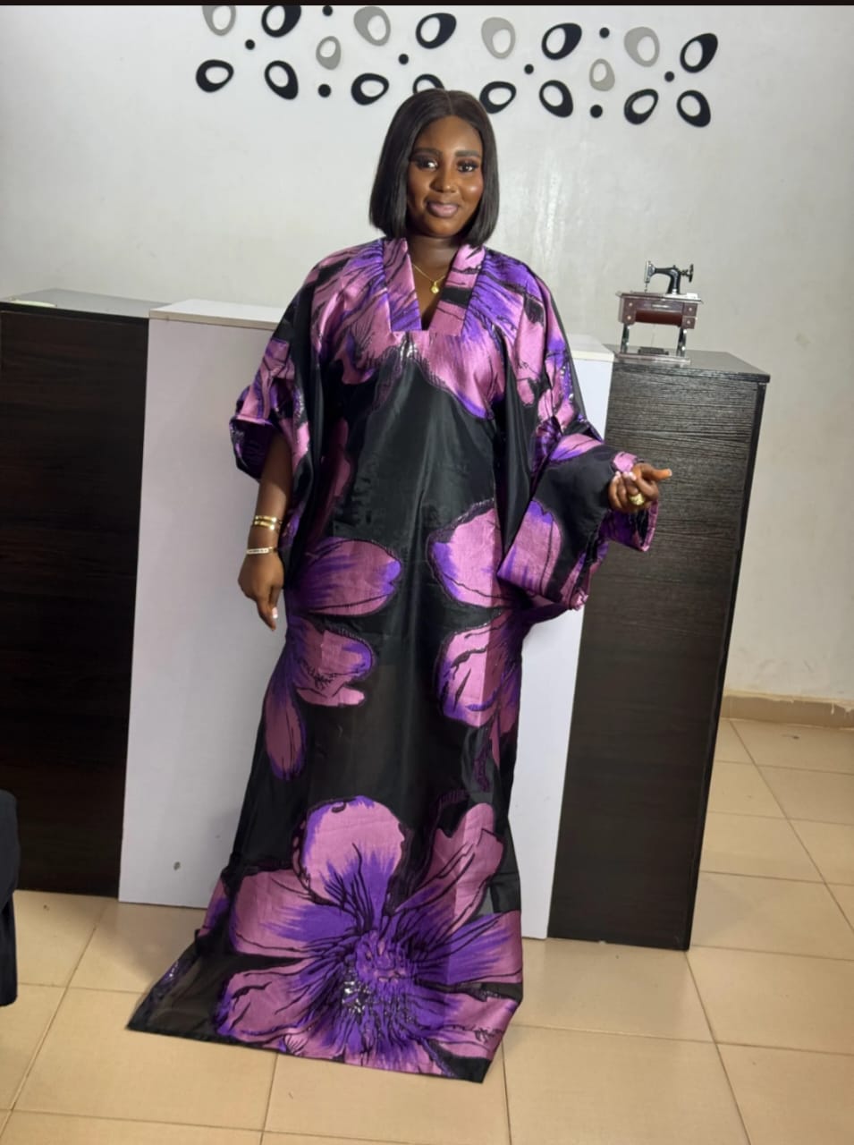 Floral African Boubou Gown: Sheer Overlay Ruffle Dress |Black and Purple Floral African Kaftan Dress – Elegant Embroidered Boubou Maxi Gown
