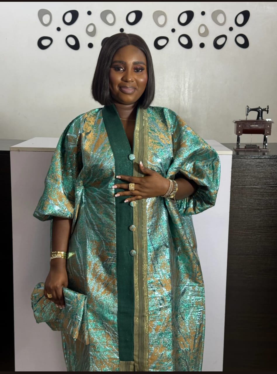 Brocade African Boubou Gown: Sheer Overlay Ruffle Dress & Headwrap