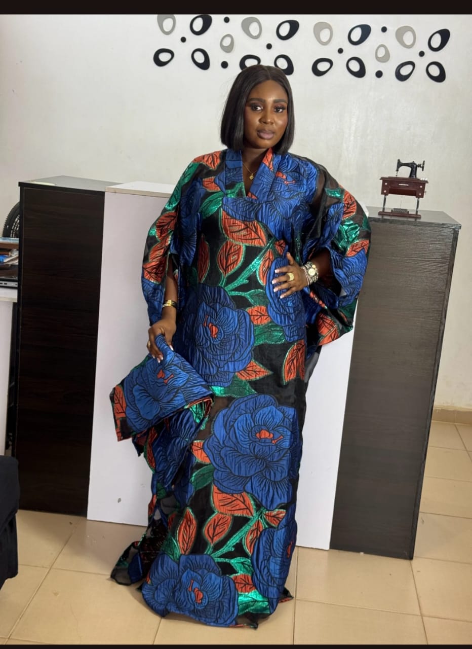 Floral African Boubou Gown: Sheer Overlay Ruffle Dress & Hwadwrap