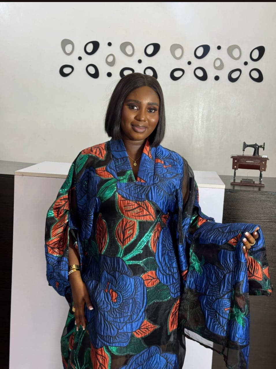 Floral African Boubou Gown: Sheer Overlay Ruffle Dress & Hwadwrap