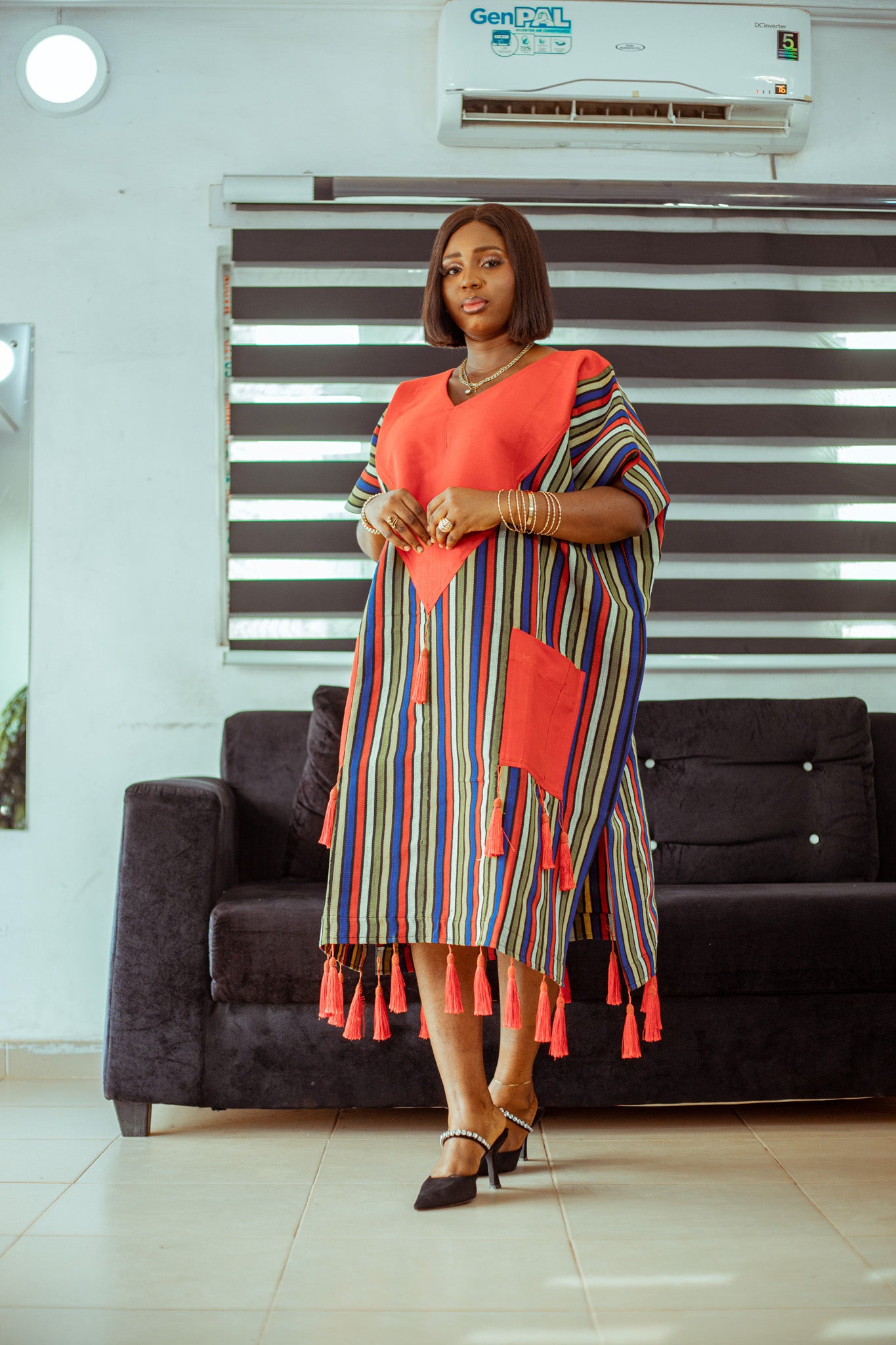 Striped Aso Oke Tassel Boubou with Bold Red Accent