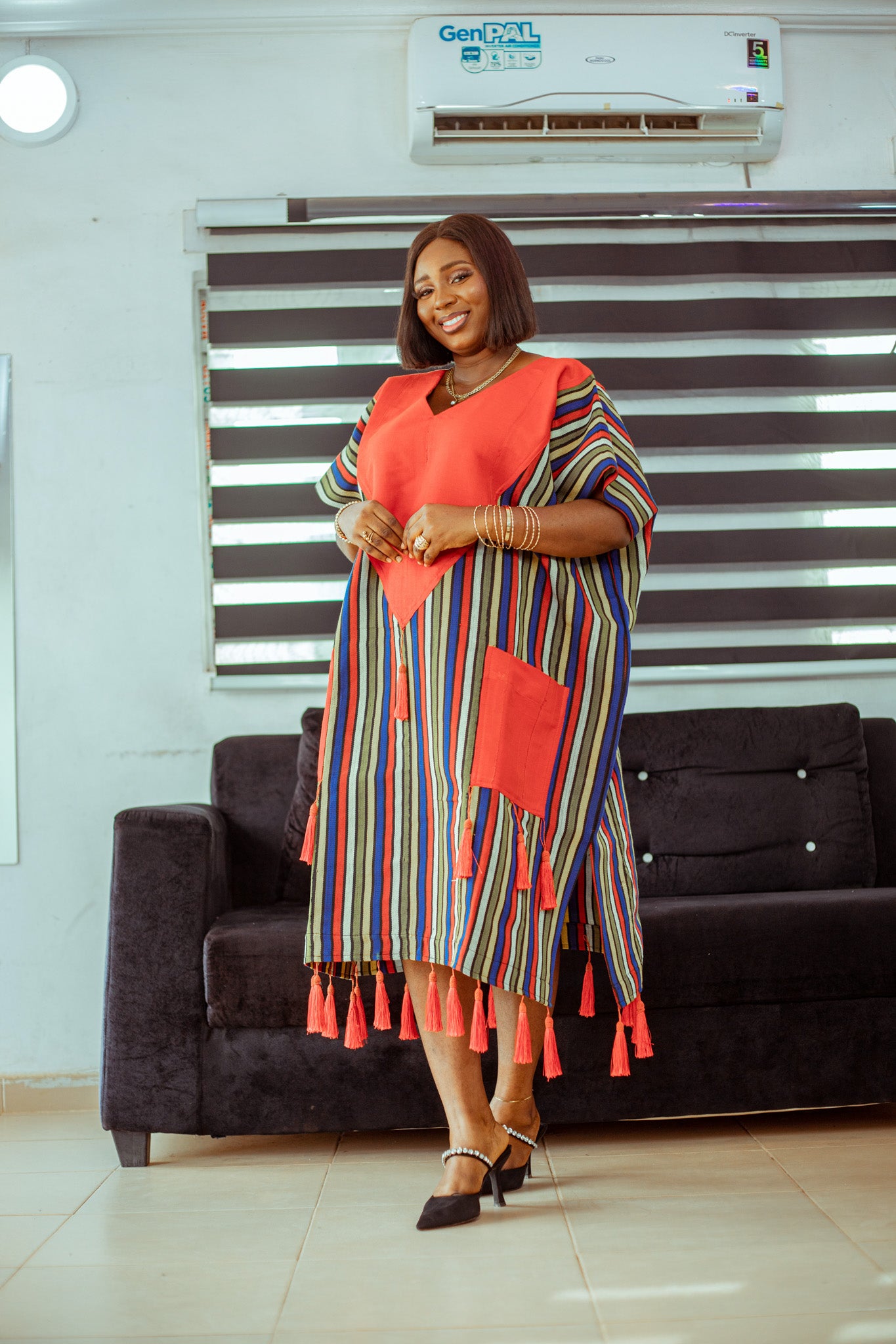 Striped Aso Oke Tassel Boubou with Bold Red Accent