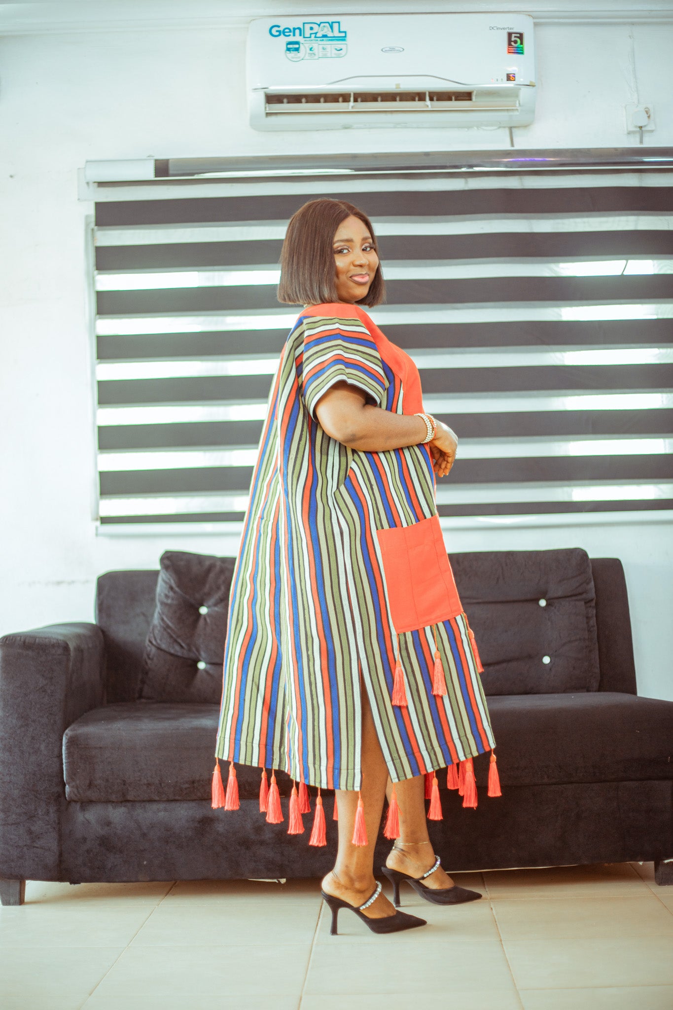 Striped Aso Oke Tassel Boubou with Bold Red Accent