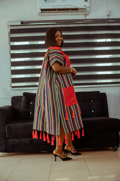 Striped Aso Oke Tassel Boubou with Bold Red Accent