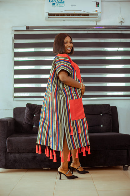 Striped Aso Oke Tassel Boubou with Bold Red Accent