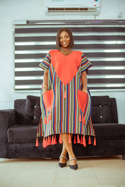 Striped Aso Oke Tassel Boubou with Bold Red Accent