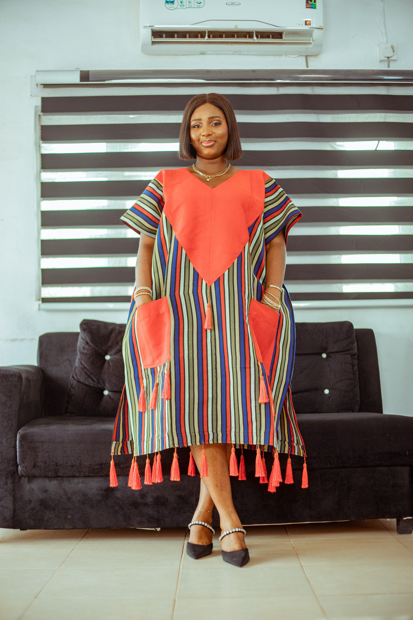 Striped Aso Oke Tassel Boubou with Bold Red Accent