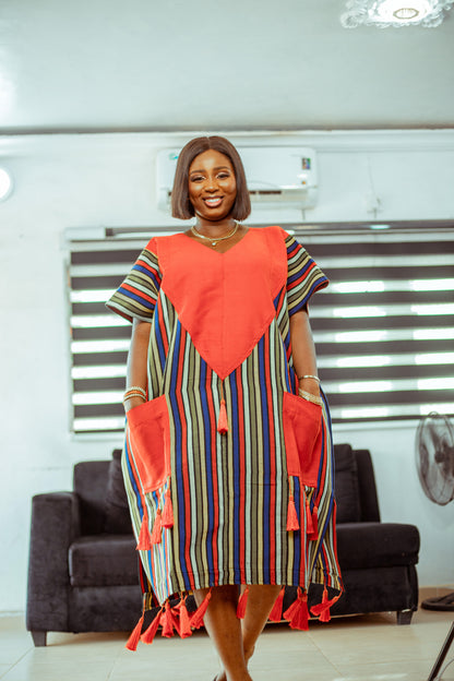 Striped Aso Oke Tassel Boubou with Bold Red Accent