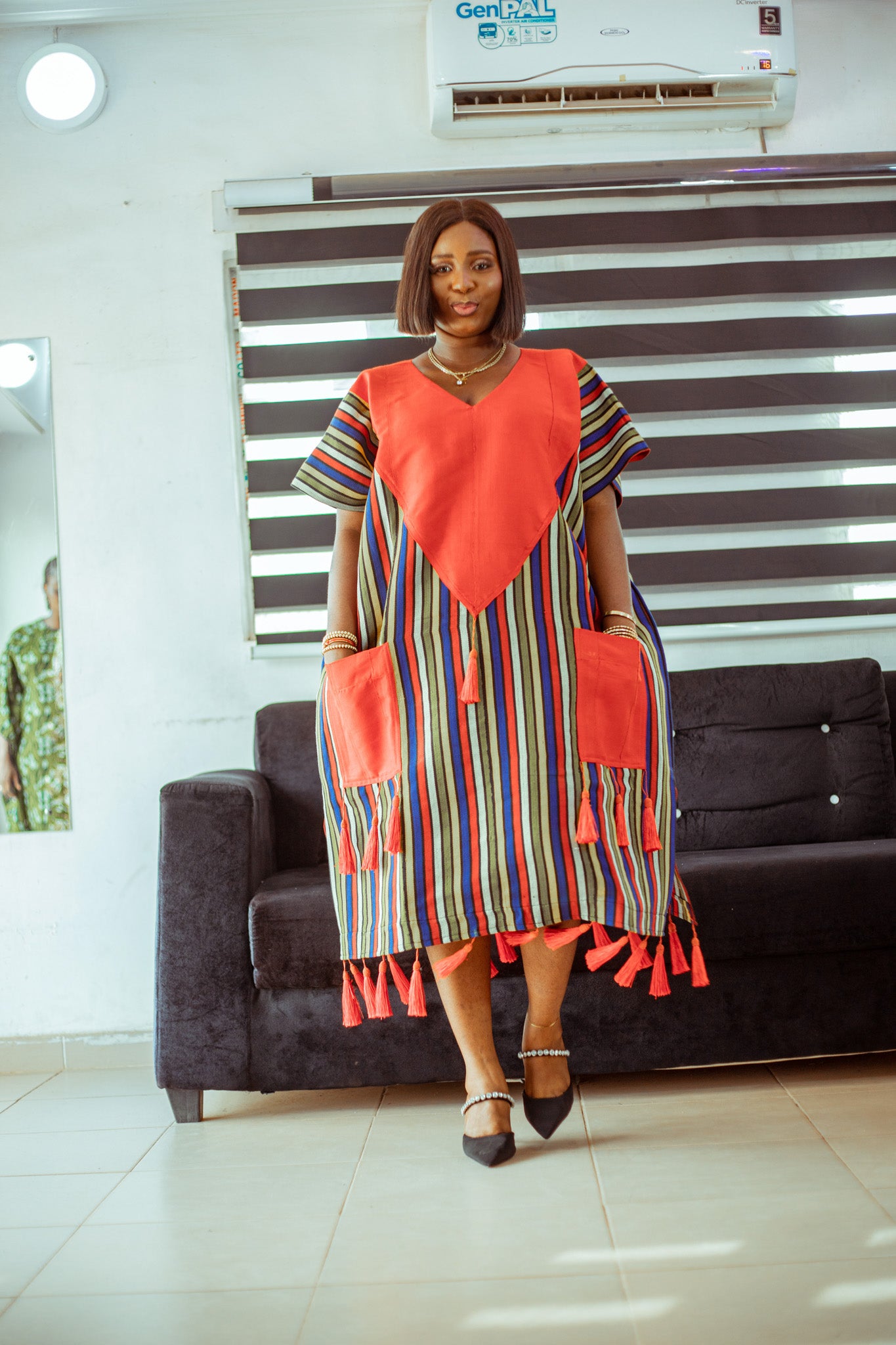 Striped Aso Oke Tassel Boubou with Bold Red Accent