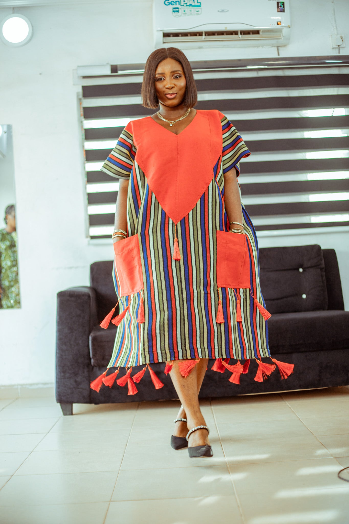 Striped Aso Oke Tassel Boubou with Bold Red Accent