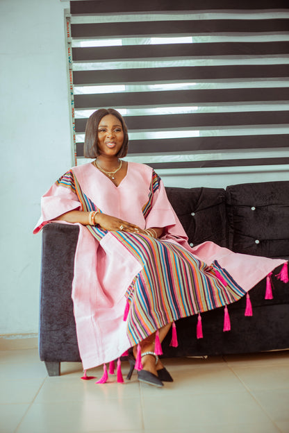 Pink Striped Aso Oke Boubou with Playful Tassels