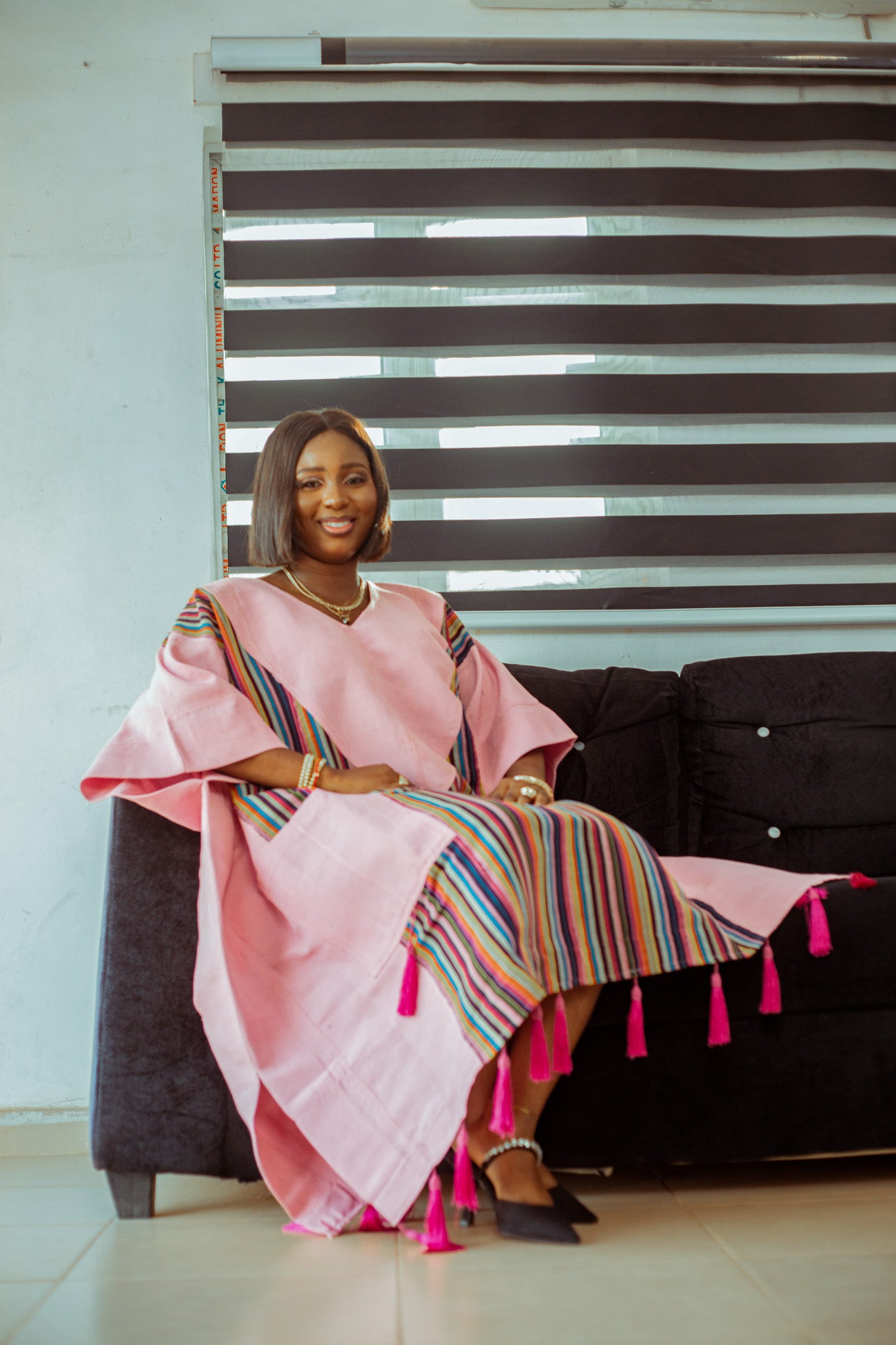 Pink Striped Aso Oke Boubou with Playful Tassels