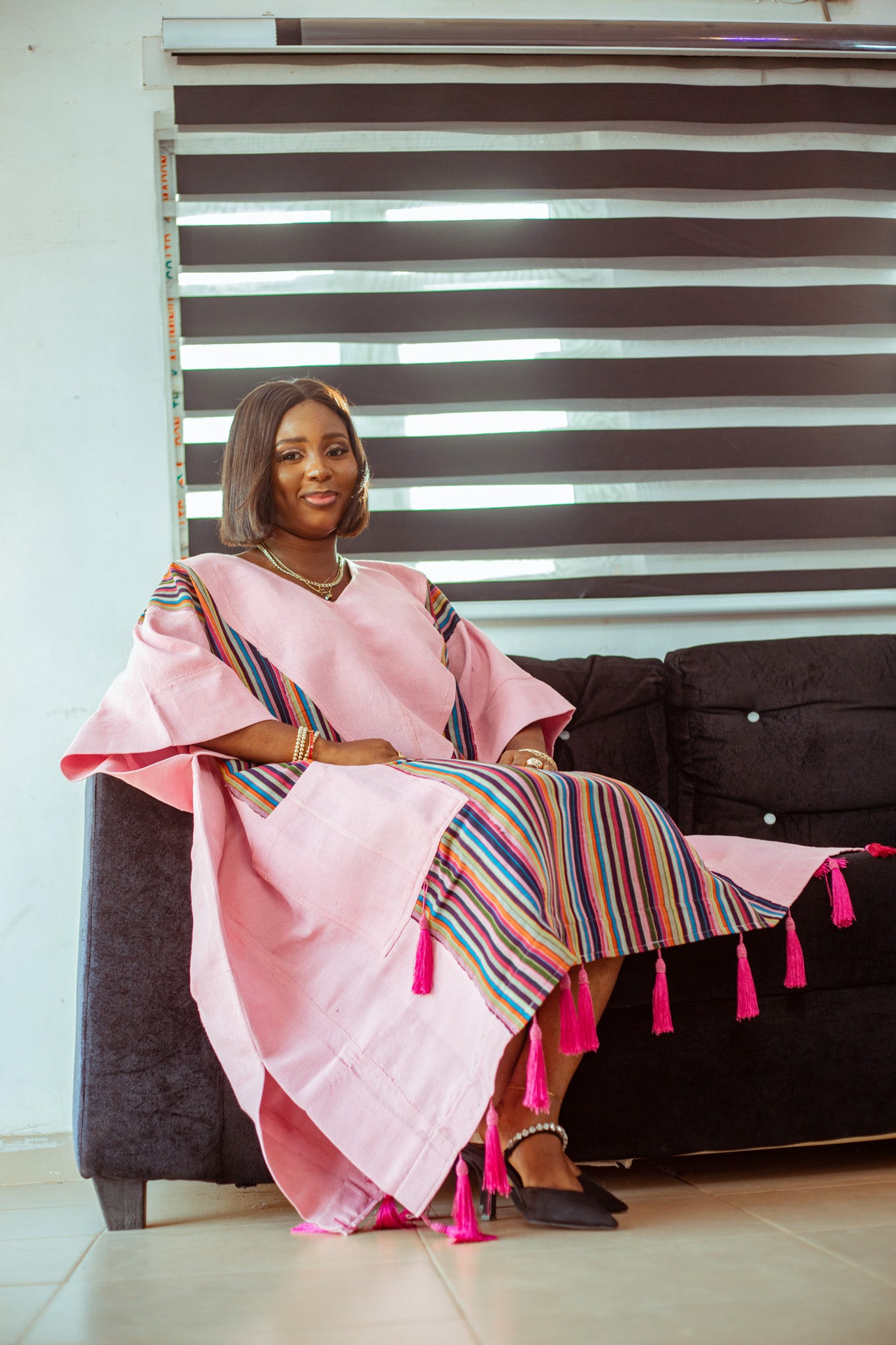 Pink Striped Aso Oke Boubou with Playful Tassels