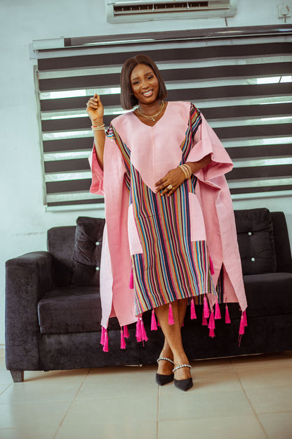 Pink Striped Aso Oke Boubou with Playful Tassels