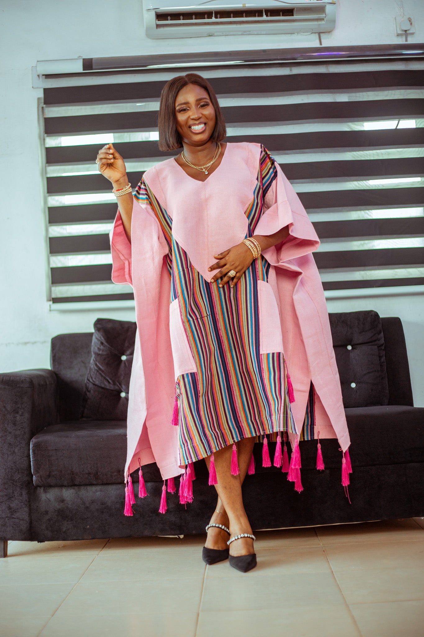 Pink Striped Aso Oke Boubou with Playful Tassels