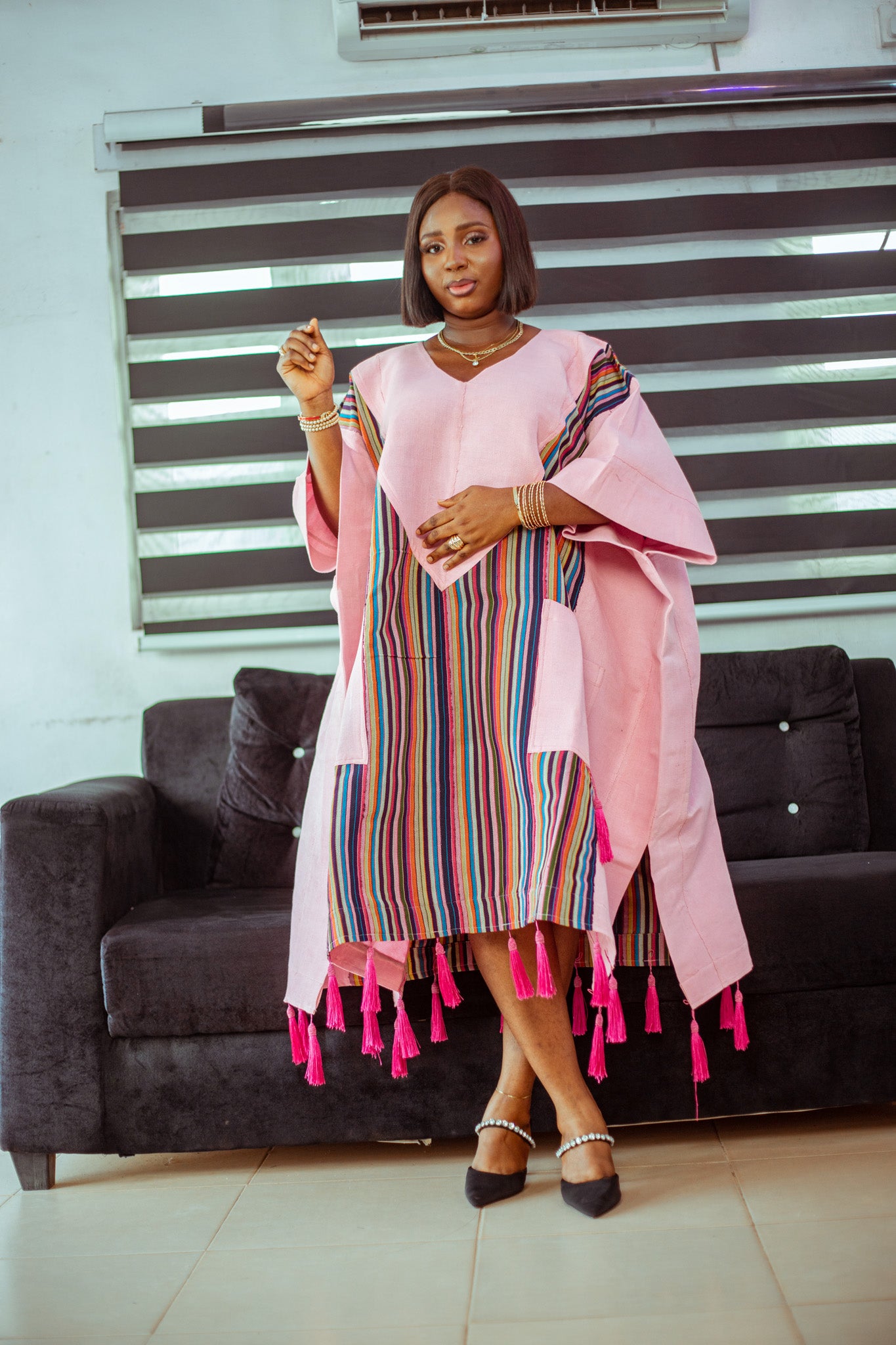 Pink Striped Aso Oke Boubou with Playful Tassels