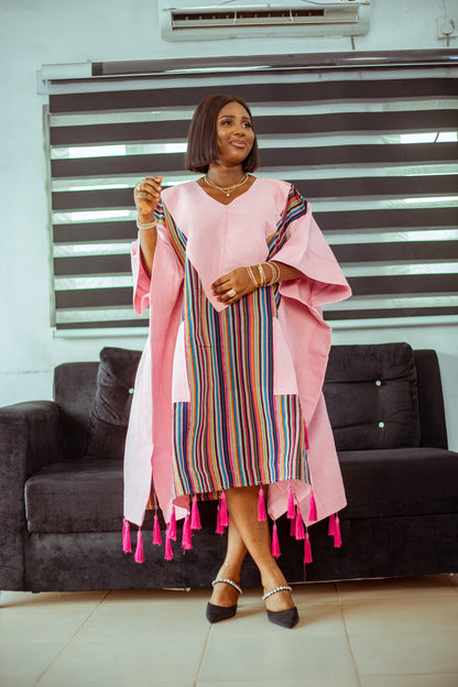 Pink Striped Aso Oke Boubou with Playful Tassels