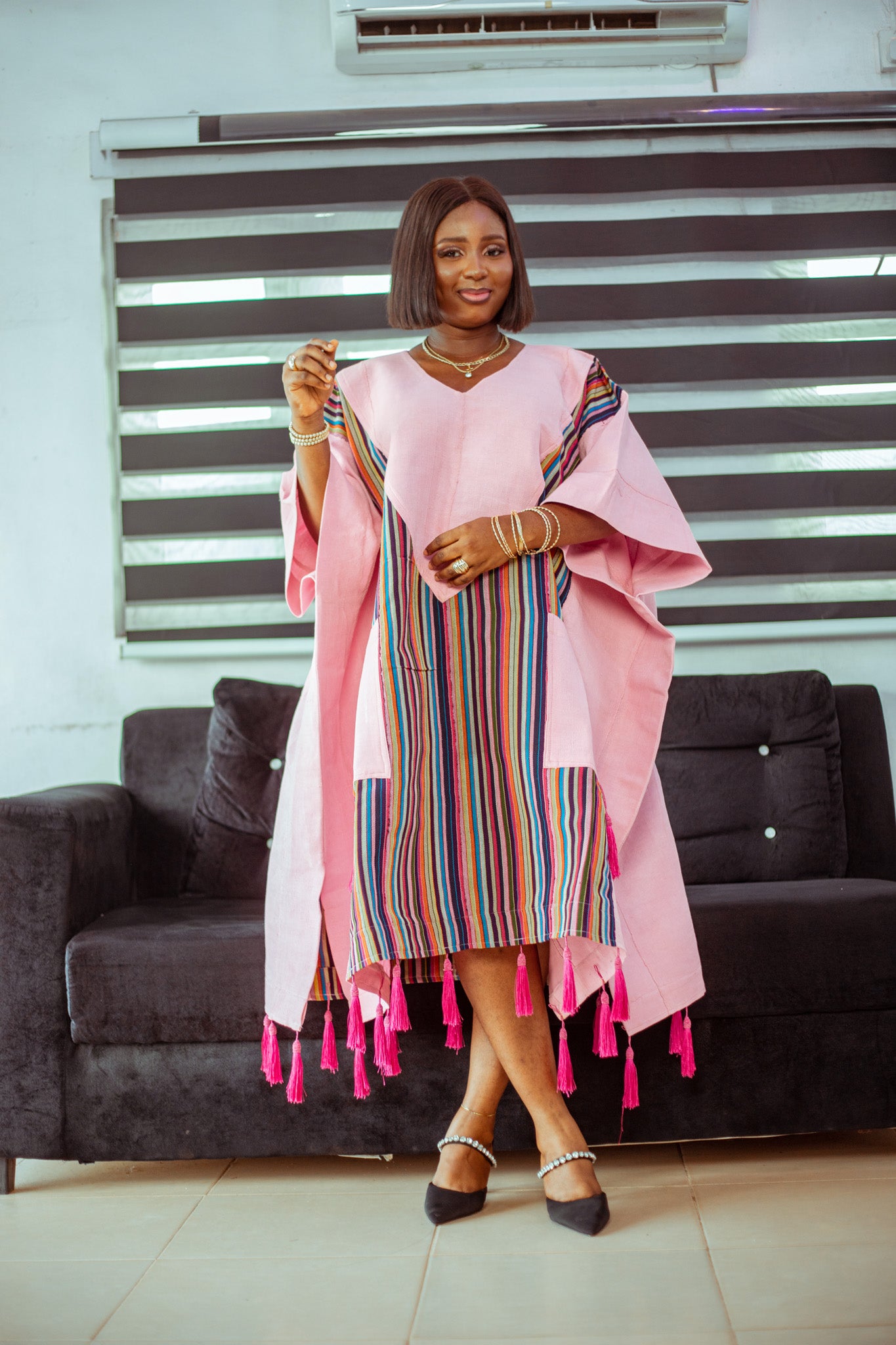 Pink Striped Aso Oke Boubou with Playful Tassels