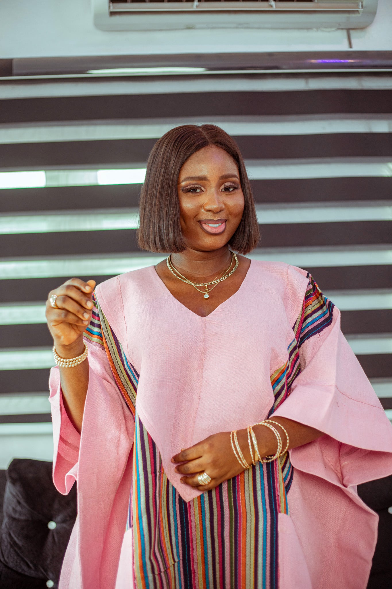 Pink Striped Aso Oke Boubou with Playful Tassels