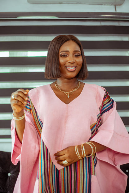 Pink Striped Aso Oke Boubou with Playful Tassels