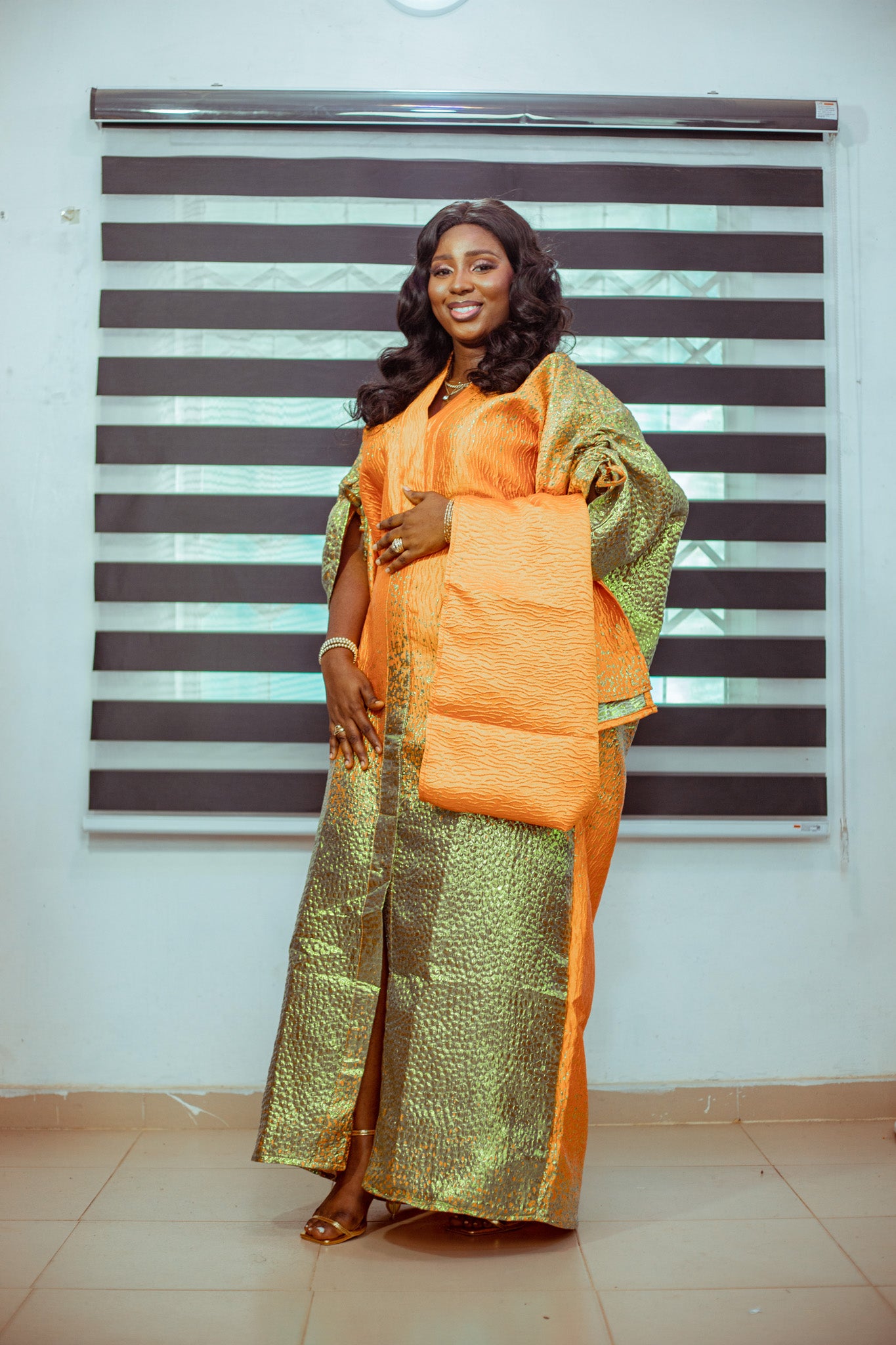 Golden Orange Brocade Boubou with Matching Shawl