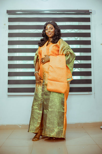 Golden Orange Brocade Boubou with Matching Shawl