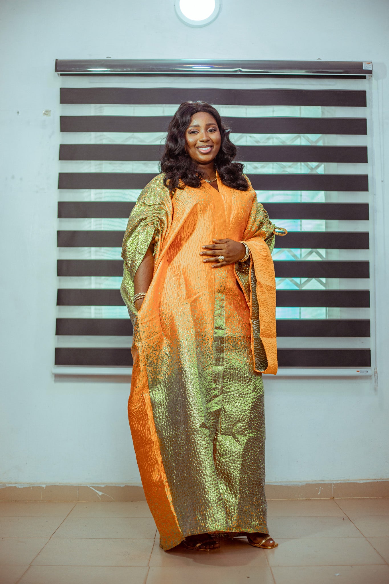 Golden Orange Brocade Boubou with Matching Shawl