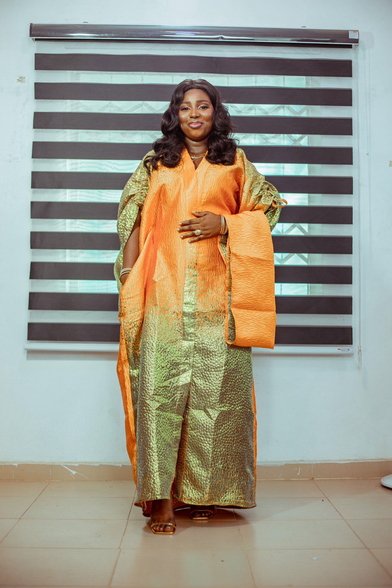 Golden Orange Brocade Boubou with Matching Shawl