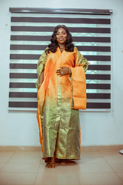 Golden Orange Brocade Boubou with Matching Shawl