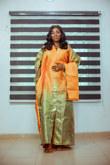 Golden Orange Brocade Boubou with Matching Shawl