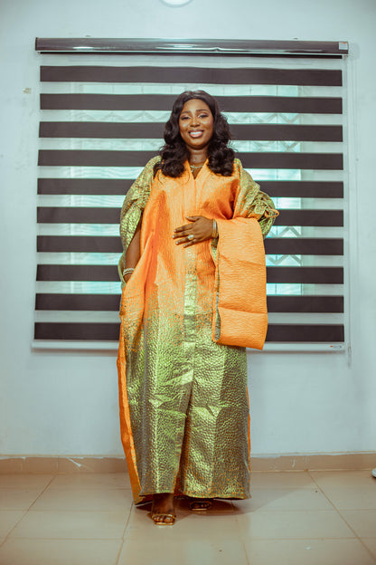 Golden Orange Brocade Boubou with Matching Shawl