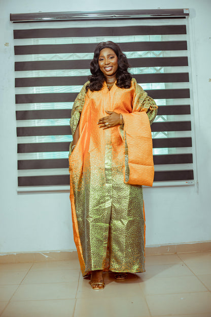 Golden Orange Brocade Boubou with Matching Shawl