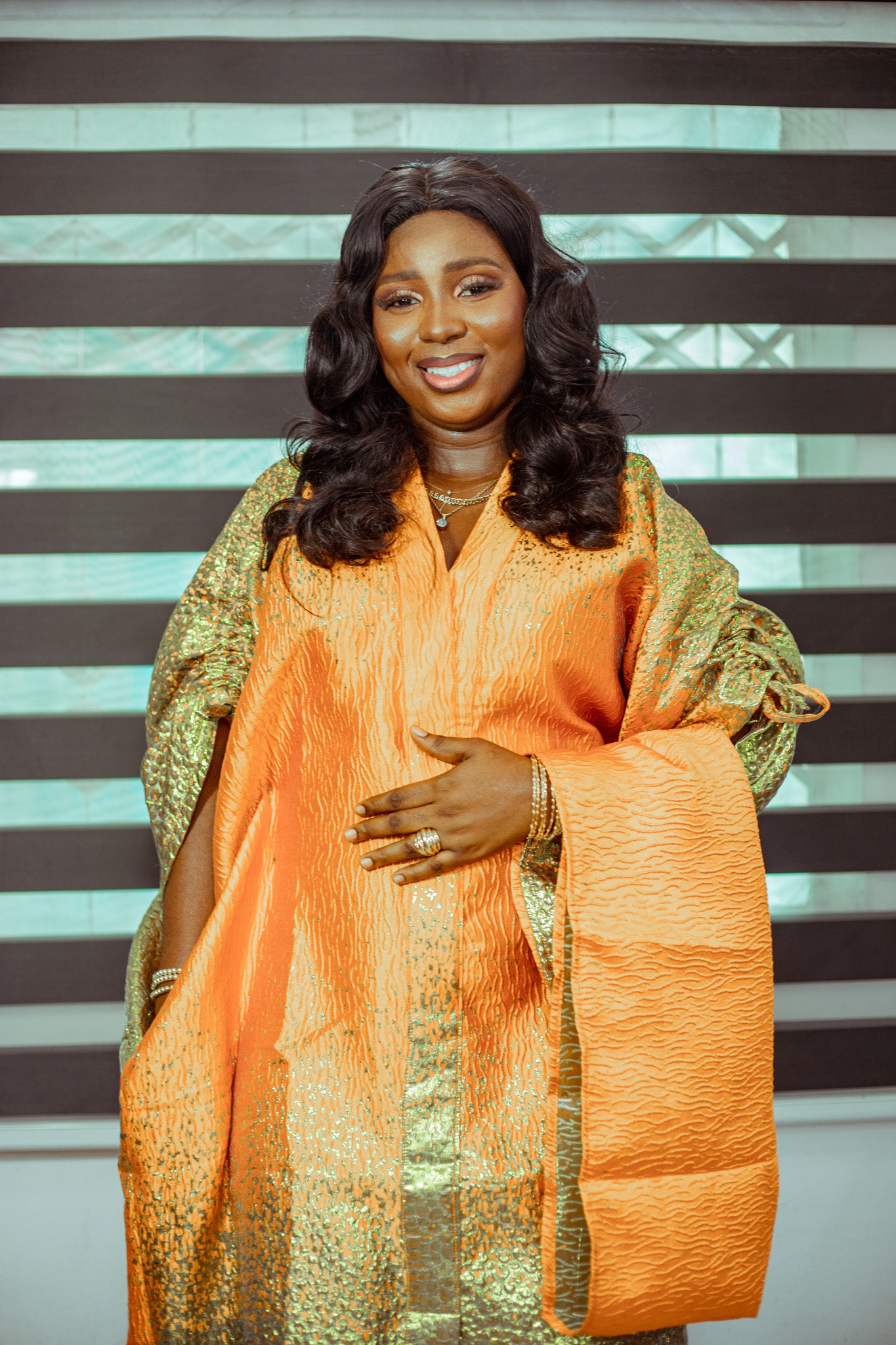 Golden Orange Brocade Boubou with Matching Shawl