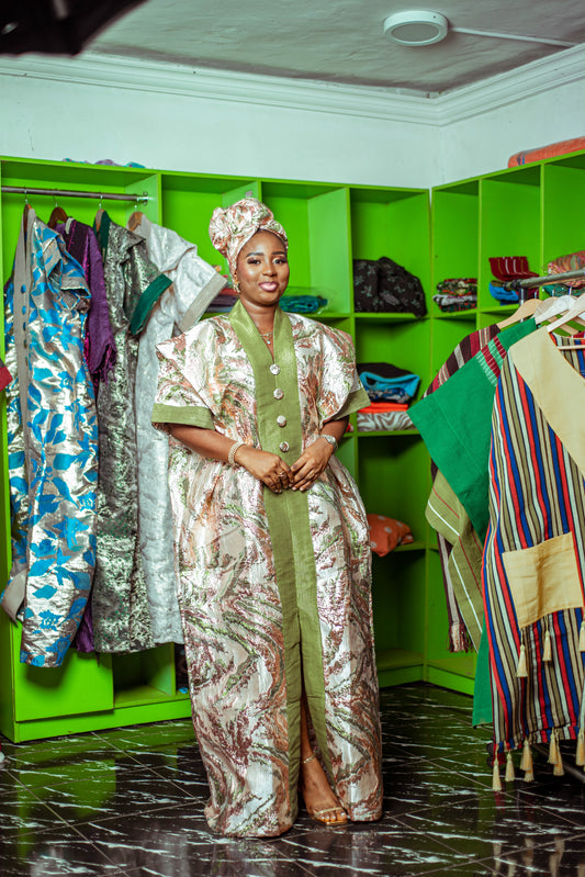 Floral Metallic Brocade Boubou with Olive Green Trim and Matching Headpiece