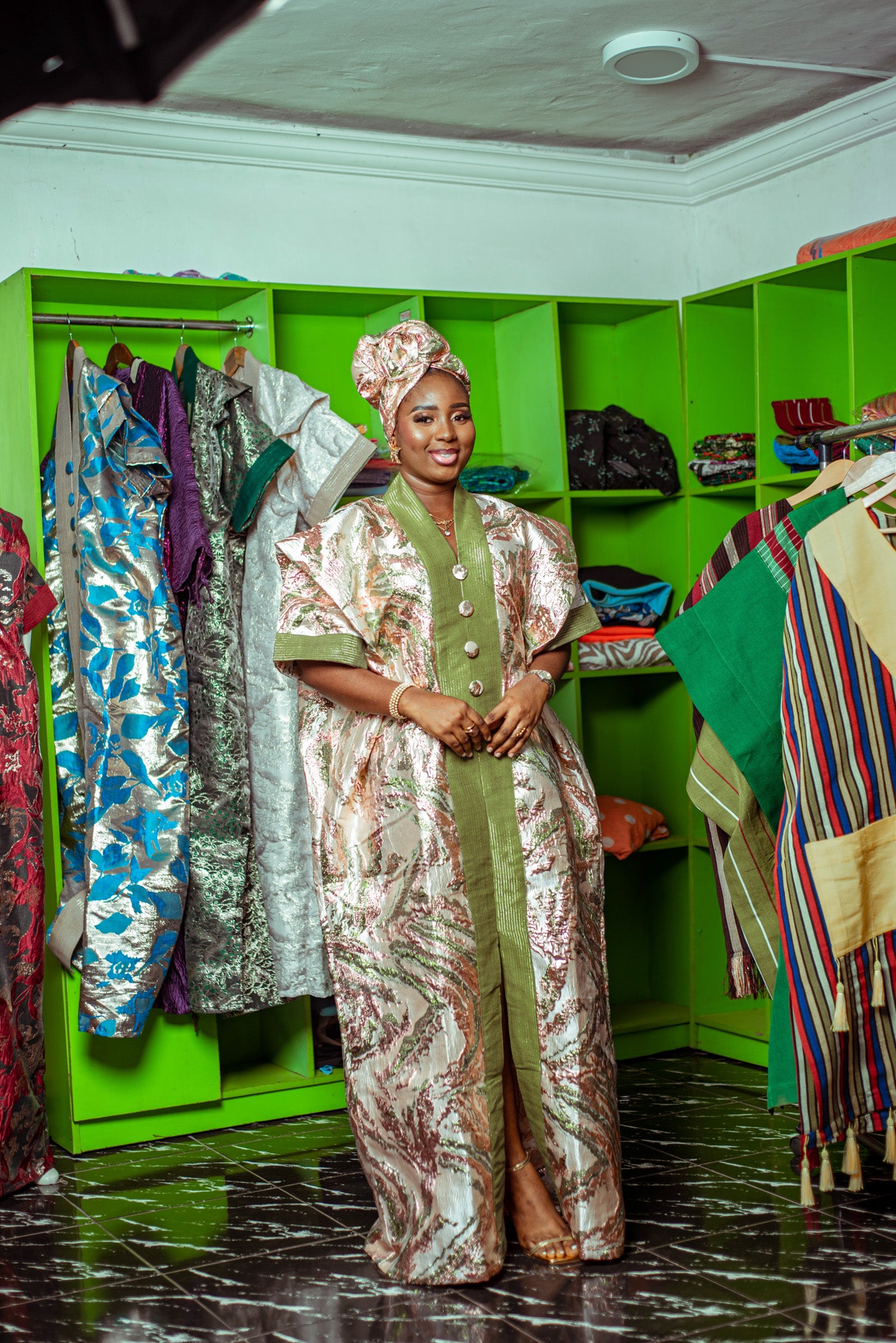 Floral Metallic Brocade Boubou with Olive Green Trim and Matching Headpiece