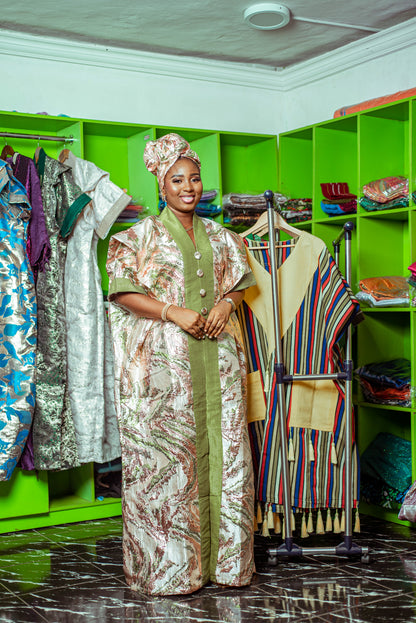 Floral Metallic Brocade Boubou with Olive Green Trim and Matching Headpiece