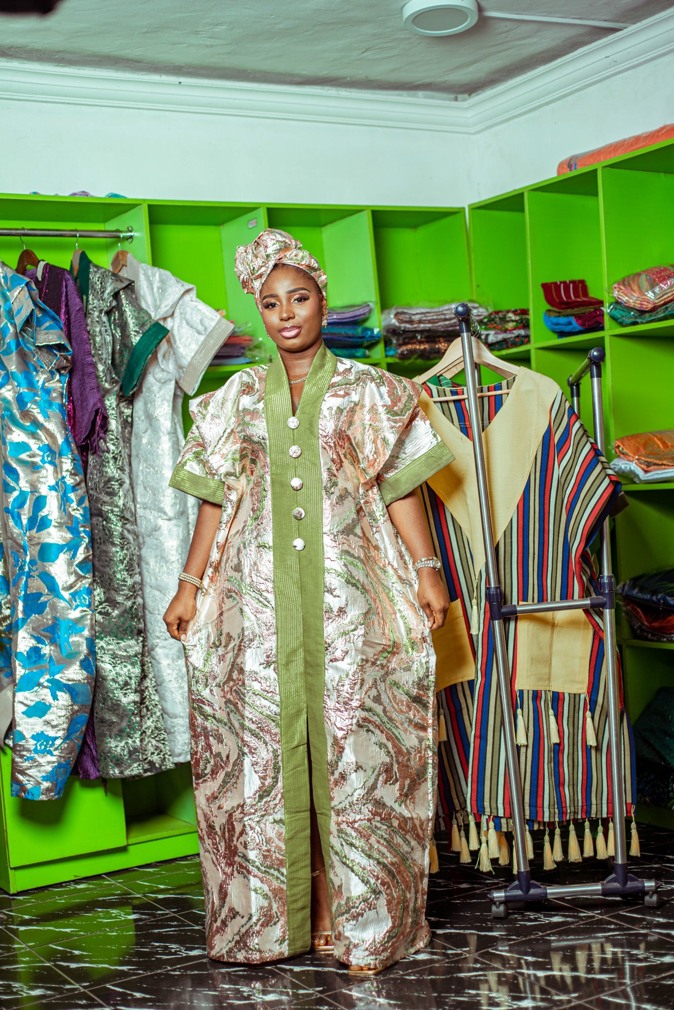 Floral Metallic Brocade Boubou with Olive Green Trim and Matching Headpiece