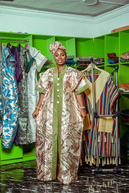 Floral Metallic Brocade Boubou with Olive Green Trim and Matching Headpiece