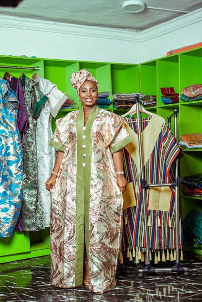 Floral Metallic Brocade Boubou with Olive Green Trim and Matching Headpiece