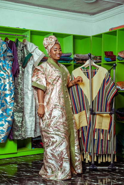 Floral Metallic Brocade Boubou with Olive Green Trim and Matching Headpiece