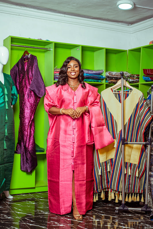 Vibrant Pink Mikado Boubou with Matching Shawl and Tassel Details