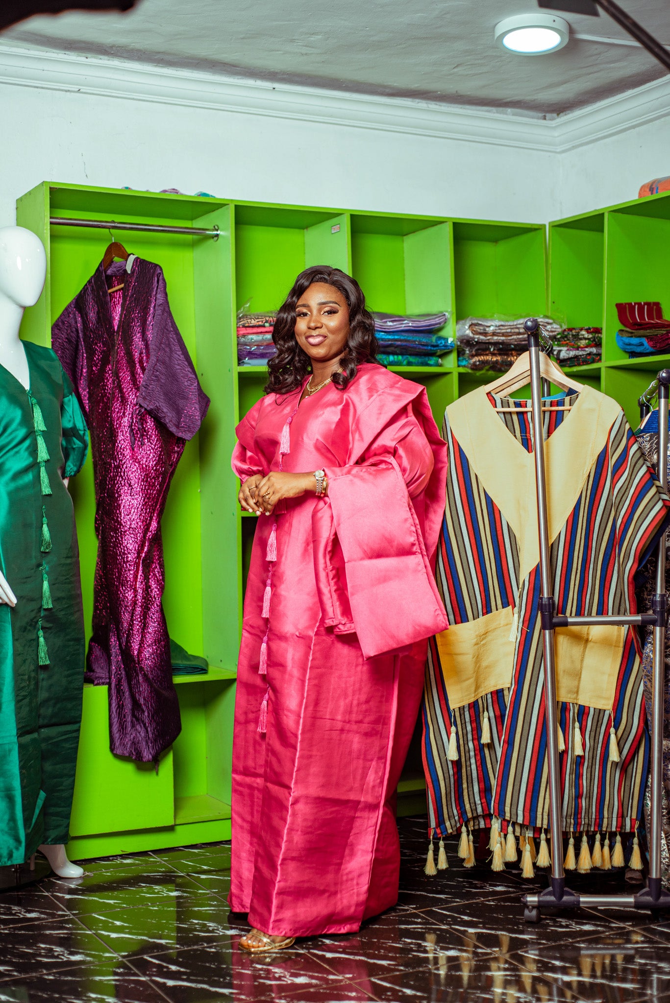 Vibrant Pink Mikado Boubou with Matching Shawl and Tassel Details