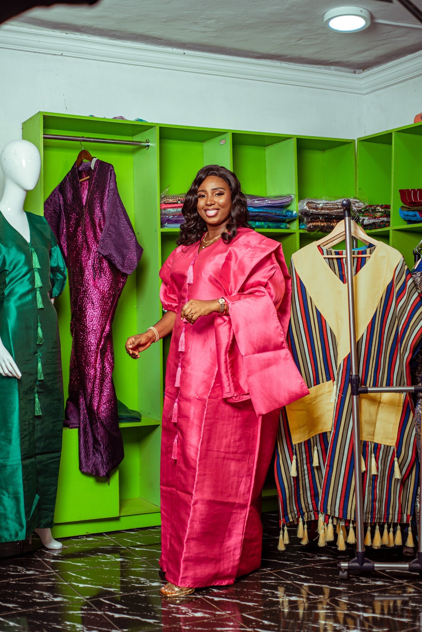 Vibrant Pink Mikado Boubou with Matching Shawl and Tassel Details