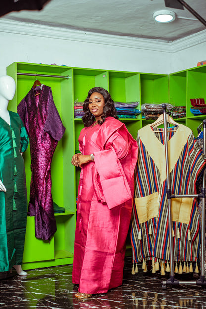 Vibrant Pink Mikado Boubou with Matching Shawl and Tassel Details