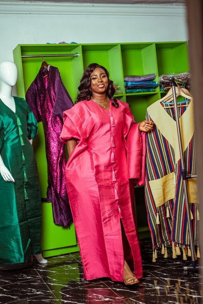 Vibrant Pink Mikado Boubou with Matching Shawl and Tassel Details