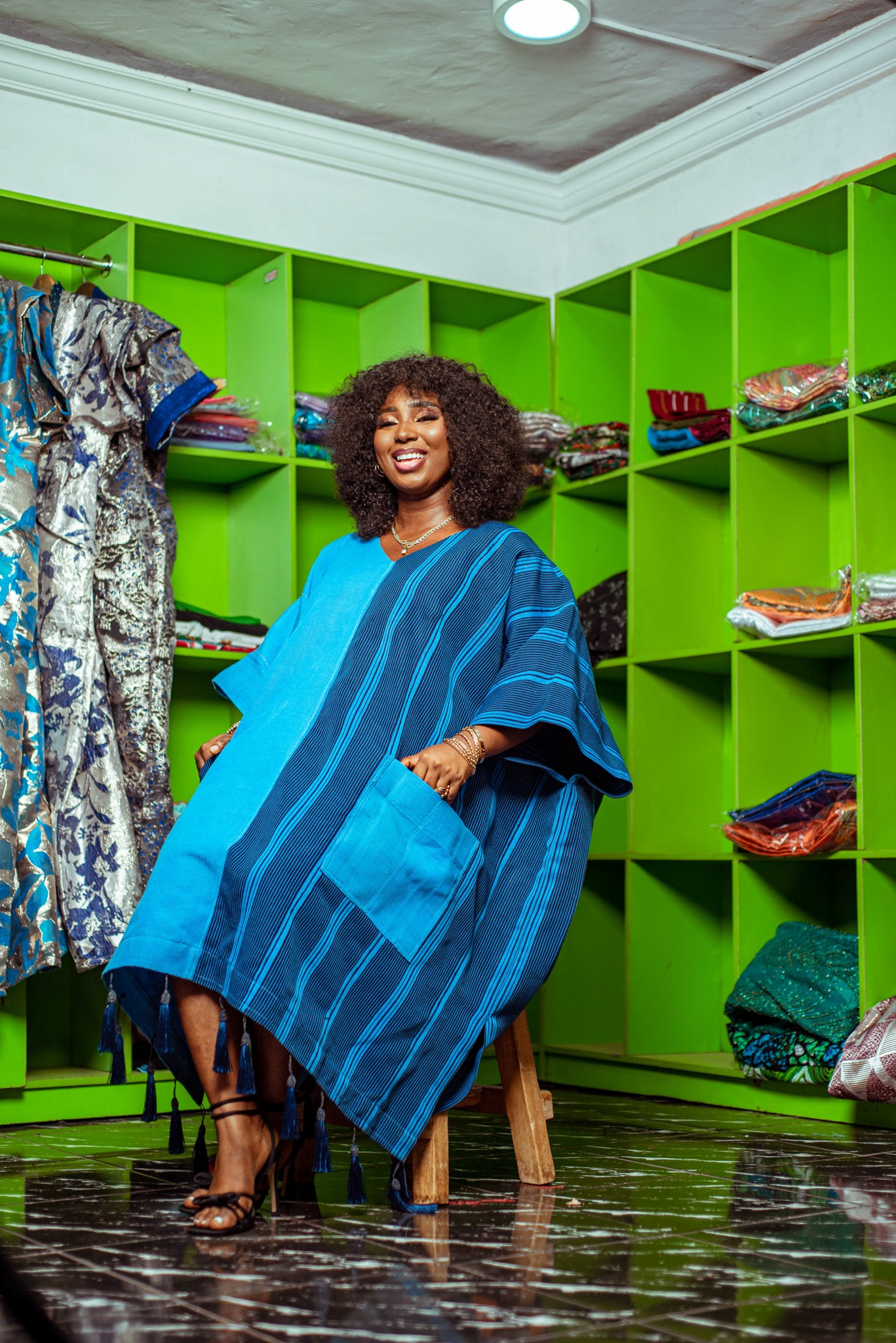 Royal Blue Aso Oke Boubou with Striped Details and Tassels